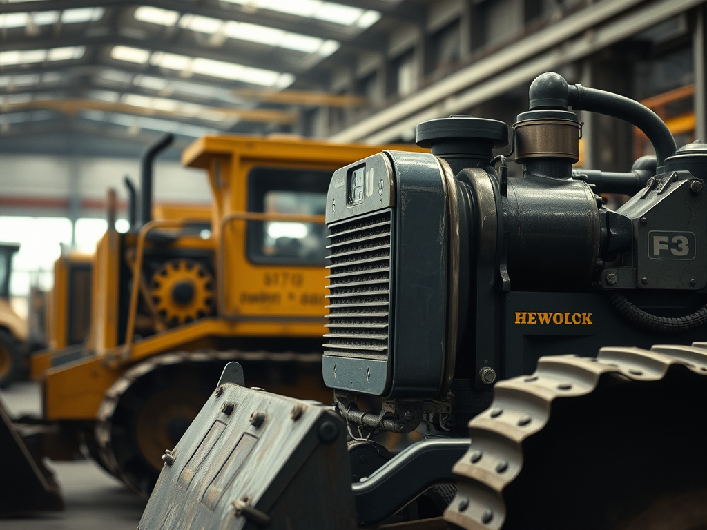 Gambar close-up dari mesin berat Hewolck di dalam sebuah gudang dengan mesin berat lainnya terlihat di latar belakang.